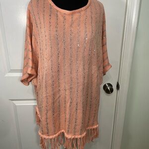 New Directions Peach Fringe Knit Poncho Sweater  Shawl Top Size Large CB-50